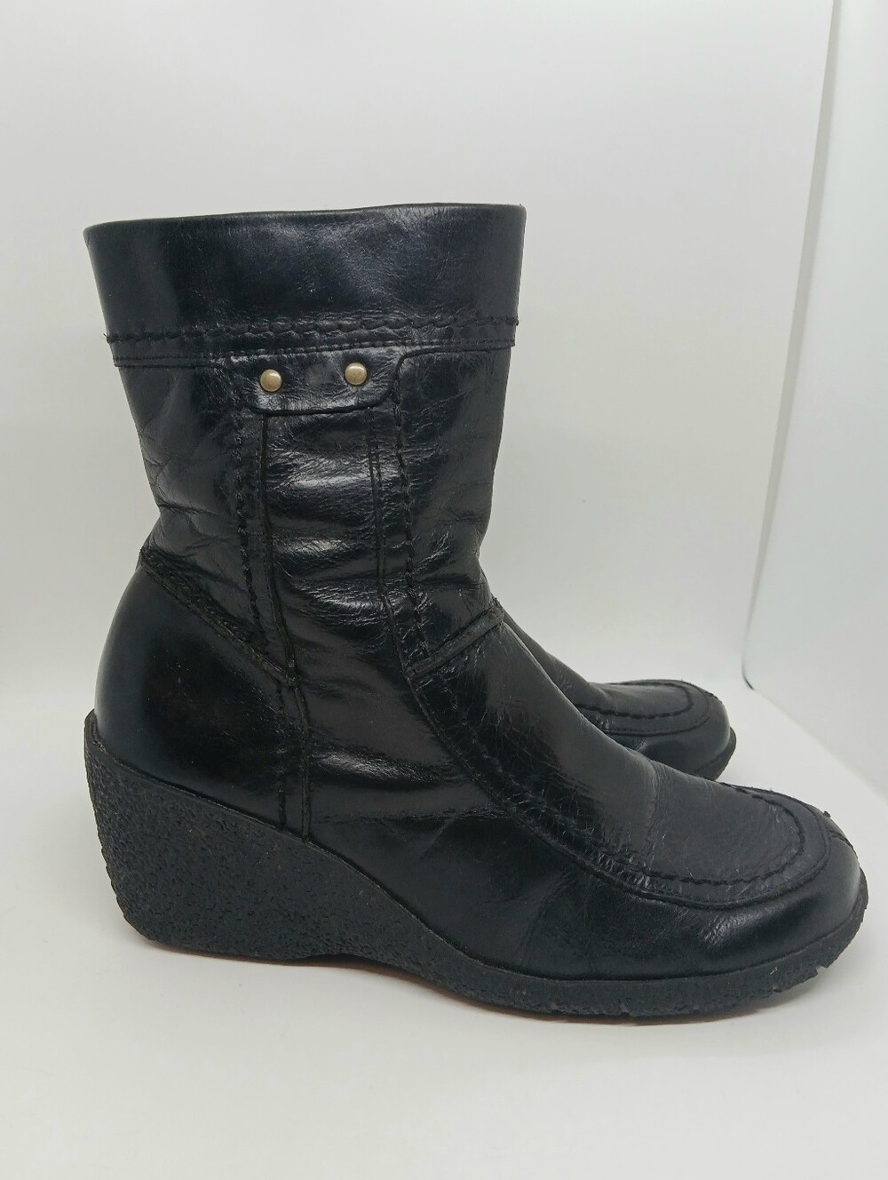 Vintage 90s Hush Puppies Waterproof Leather Wedge Boots Black Moc Toe Sz 7